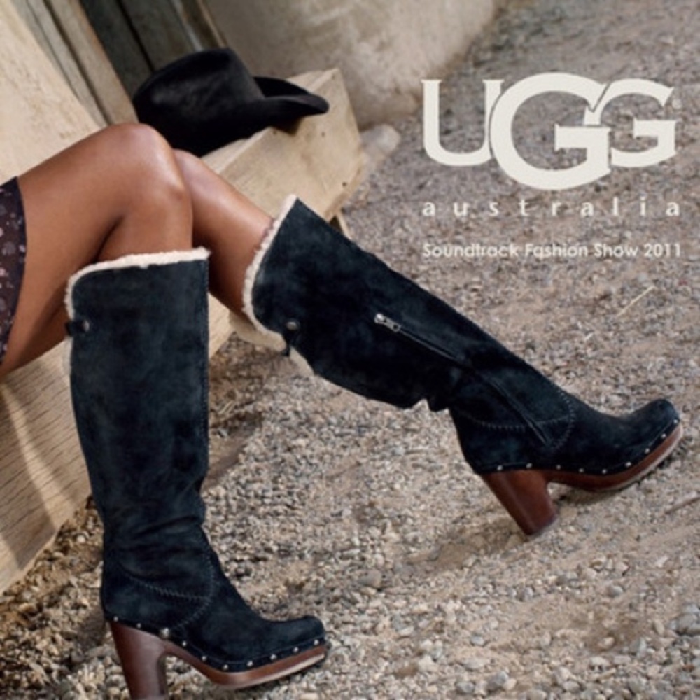 UGG Lillian Boot Riding Black Suede Sheepskin Lined Knee High Tall Western 10